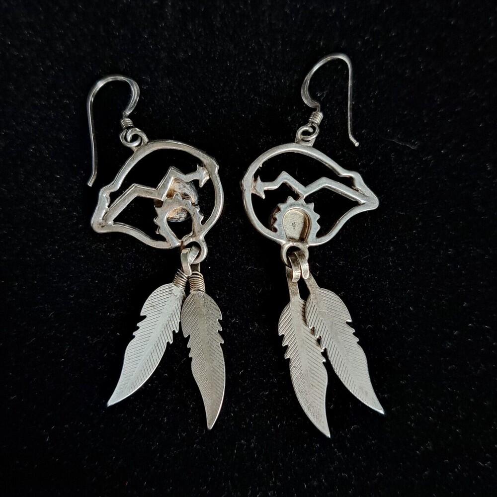 Vintage Southwestern Sterling Silver 925 Navajo Feather Colored Mosaic Earrings - Picture 7 of 9